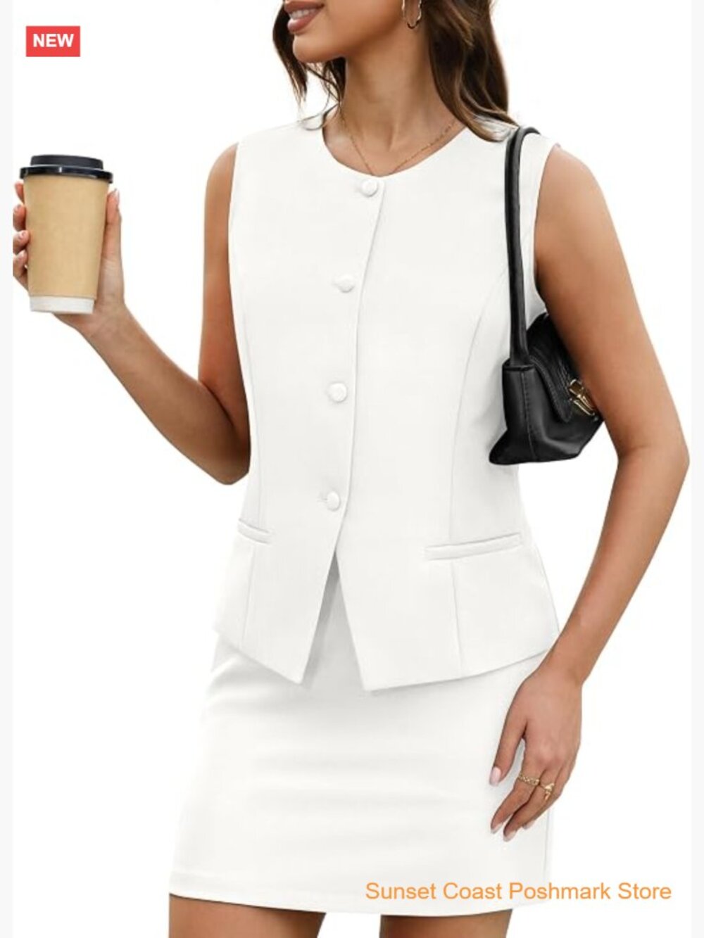 Two Piece Blazer Skirt Set Short Skort Vest Crew Neck Business Casual Suit
